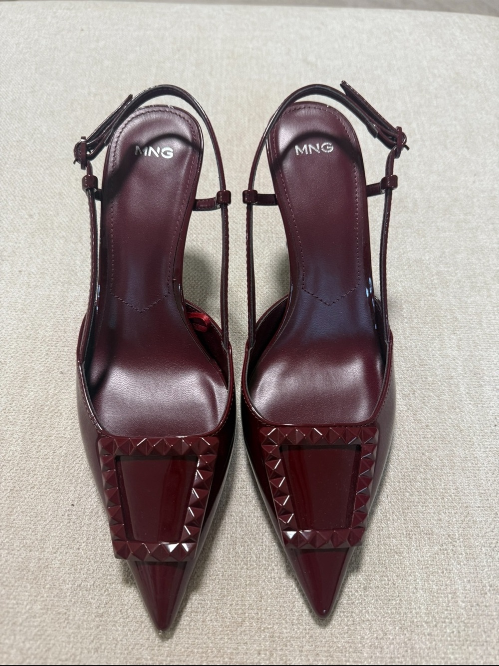 Mango Women's Deep Burgundy Pointed Slingback Pumps with Stud Trim